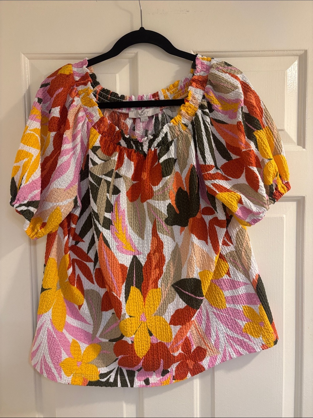 LOFT Pink Yellow Orange Multi Floral Puff-Sleeve Blouse
